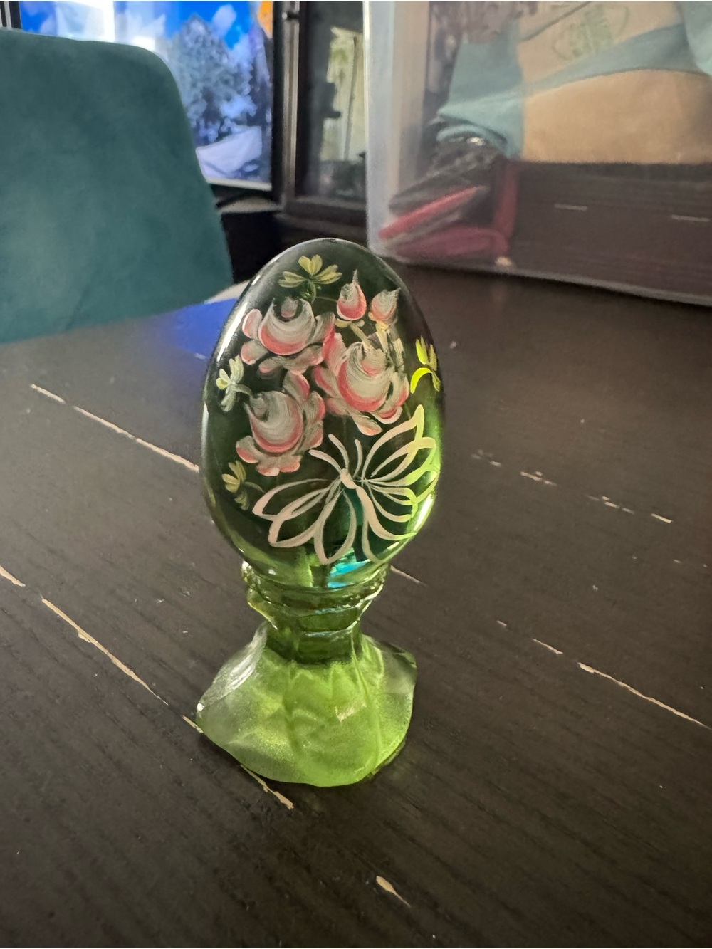 Fenton Hand-Painted Green Glass Decorative Egg with Floral Motif